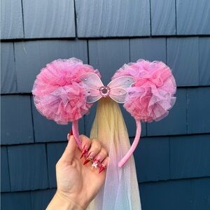 Pink Tulle Pom Pom Headband with Rainbow Veil